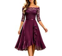 Vestido de Invitada de Boda para Mujer Vestido Elegante y Festivo de Manga Corta Ropa de Noche Elegante con Cuello Redondo Vestidos de Gasa con Encaje y Volantes Tipo CóCtel para Boda GraduacióN