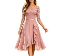 Vestido de Invitada de Boda para Mujer Vestido Elegante y Festivo de Manga Corta Ropa de Noche Elegante con Cuello Redondo Vestidos de Gasa con Encaje y Volantes Tipo CóCtel para Boda GraduacióN