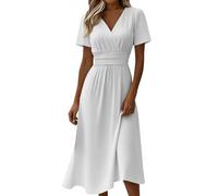 Vestido de invitado de boda festivo de verano para mujer largo - elegante vestido de verano curvado entallado ligero línea A vestido midi cuello en V cintura alta vestidos de verano aireado manga