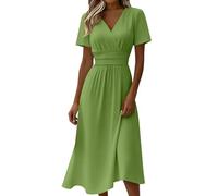 Vestido de invitado de boda festivo de verano para mujer largo - elegante vestido de verano curvado entallado ligero línea A vestido midi cuello en V cintura alta vestidos de verano aireado manga