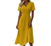 Vestido de invitado de boda festivo de verano para mujer largo - elegante vestido de verano curvado entallado ligero línea A vestido midi cuello en V cintura alta vestidos de verano aireado manga