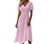 Vestido de invitado de boda festivo de verano para mujer largo - elegante vestido de verano curvado entallado ligero línea A vestido midi cuello en V cintura alta vestidos de verano aireado manga