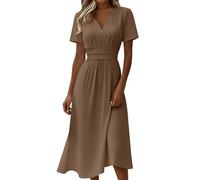 Vestido de invitado de boda festivo de verano para mujer largo - elegante vestido de verano curvado entallado ligero línea A vestido midi cuello en V cintura alta vestidos de verano aireado manga