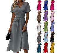 Vestido de invitado de boda festivo de verano para mujer largo - elegante vestido de verano curvado entallado ligero línea A vestido midi cuello en V cintura alta vestidos de verano aireado manga