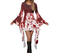 Vestido De Irregular con Estampado De Halloween Estilo Gótico Punk con Mangas De Murciélago (Red S)