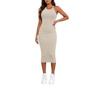 Vestido de jersey para mujer, cuello halter, sin mangas, de punto acanalado, sexy, entallado, caqui, S