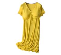 Vestido de lactancia de maternidad, cuello en V, manga corta, plisado, camisón de embarazo de tela acanalada, ligero y cómodo, ropa de dormir de hospital para mujer, amarillo, 3XL