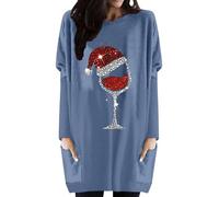Vestido de las mujeres lindo Navidad vino vidrio impresión Suelto Top Casual doble lado bolsillo superior neón top señoras, azul claro, L