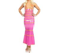 Vestido De Látex Con Cuello Halter A Rayas Mono Ajustado De Goma,azul Con Amarillo,X-Pequeño