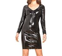 Vestido De Látex Sexy Negro Con Mangas Largas Cremalleras Delanteras Completas Bodycon De Goma,Negro,yo