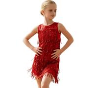 Vestido de Lentejuelas con Flecos para niñas, Ideal para Bailes salón Tango Salsa Rumba y competiciones Baile Fiestas concursos de Belleza y cumpleaños,Rojo,100
