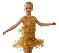 Vestido de Lentejuelas con Flecos para niñas, Ideal para Bailes salón Tango Salsa Rumba y competiciones Baile Fiestas concursos de Belleza y cumpleaños,Oro,100