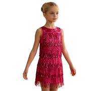 Vestido de Lentejuelas con Flecos para niñas, Ideal para Bailes salón Tango Salsa Rumba y competiciones Baile Fiestas concursos de Belleza y cumpleaños,Rose Red,100