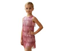 Vestido de Lentejuelas con Flecos para niñas, Ideal para Bailes salón Tango Salsa Rumba y competiciones Baile Fiestas concursos de Belleza y cumpleaños,Rosado,100
