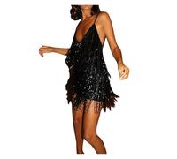 Vestido de Lentejuelas for Mujer, Brillante, Escote en V Profundo, Tirantes Finos, sin Mangas, Espalda Descubierta, con Flecos y borlas, for Fiesta Noche(Black,L)