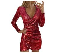 Vestido de lentejuelas para mujer, manga larga, vestido de lentejuelas rojas, vestido de Nochevieja, vestido mini vestido de fiesta con cuello en V, elegante, sexy, vestido de cóctel, ajustado,