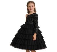 Vestido de lentejuelas para niñas, para fiesta de cumpleaños, concierto de piano, vestido de noche, elegante tutú con un solo hombro, Negro , 11-12 años