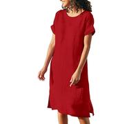 Vestido de lino de manga corta para mujer, largo hasta la rodilla, color liso, vestido de manga corta, vestido tipo túnica, sin accesorios, ligero, para respirar, bohemio, fluido, talla extragrande