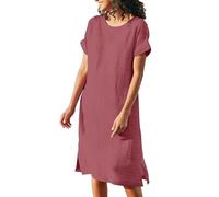 Vestido de lino de manga corta para mujer, vestido largo hasta la rodilla, color sólido, vestido midi de manga corta, vestido tipo túnica, sin accesorios, ligero, para respirar, bohemio, fluido, talla