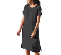 Vestido de lino de manga corta para mujer, vestido largo hasta la rodilla, color sólido, vestido midi de manga corta, vestido tipo túnica, sin accesorios, ligero, para respirar, bohemio, fluido, talla