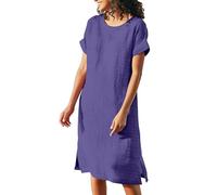 Vestido de lino de manga corta para mujer, vestido largo hasta la rodilla, color sólido, vestido midi de manga corta, vestido tipo túnica, sin accesorios, ligero, para respirar, bohemio, fluido, talla