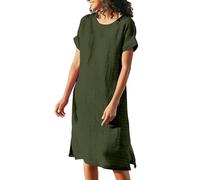 Vestido de lino de manga corta para mujer, vestido largo hasta la rodilla, color sólido, vestido midi de manga corta, vestido tipo túnica, sin accesorios, ligero, para respirar, bohemio, fluido, talla