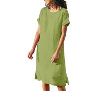 Vestido de lino de manga corta para mujer, vestido largo hasta la rodilla, color sólido, vestido midi de manga corta, vestido tipo túnica, sin accesorios, ligero, para respirar, bohemio, fluido, talla
