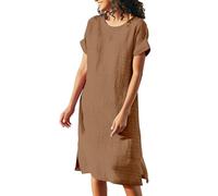 Vestido de lino de manga corta para mujer, vestido largo hasta la rodilla, color sólido, vestido midi de manga corta, vestido tipo túnica, sin accesorios, ligero, para respirar, bohemio, fluido, talla