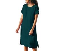 Vestido de lino de manga corta para mujer, vestido largo hasta la rodilla, color sólido, vestido midi de manga corta, vestido tipo túnica, sin accesorios, ligero, para respirar, bohemio, fluido, talla