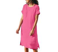 Vestido de lino de manga corta para mujer, vestido largo hasta la rodilla, color sólido, vestido midi de manga corta, vestido tipo túnica, sin accesorios, ligero, para respirar, bohemio, fluido, talla