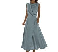 Vestido de lino genérico para mujer, verano, fluido, sin mangas, ligero y transpirable, vestido de noche de cóctel para mujer, elegante y elegante, con cuello plisado, botones decorativos, dividido