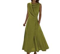 Vestido de lino genérico para mujer, verano, fluido, sin mangas, ligero y transpirable, vestido de noche de cóctel para mujer, elegante y elegante, con cuello plisado, botones decorativos, dividido