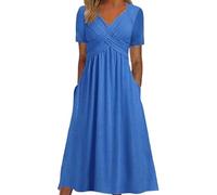 Vestido de lino para mujer, de verano, largo, aireado, monocolor, muselina, algodón, italiano, ligero, informal, verano, vestido de lino, bohemio, vestido de verano, tallas de manga corta, D1-azul., L