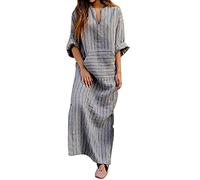 Vestido de lino para mujer de verano, vestido italiano, vestido de verano ligero, largo de playa, manga 3/4, vestido de blusa, vestido vintage, vestido de línea A, vestido largo de caftán, gris, XXL