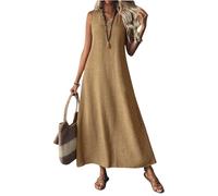Vestido de lino para mujer, manga corta, cuello en V, estilo bohemio, vestido largo casual de verano, modesto, largo, fluido, para vacaciones en la playa, marrón claro, L