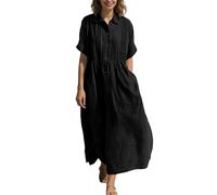 Vestido de lino para mujer, verano, lino, cuello en V, cuello vuelto, vestido de camisa, holgado, manga corta, fruncido, vestido de playa, maxi botones, vestido de verano fluido, vestido de túnica