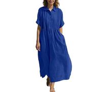 Vestido de lino para mujer, verano, lino, cuello en V, cuello vuelto, vestido de camisa, holgado, manga corta, fruncido, vestido de playa, maxi botones, vestido de verano fluido, vestido de túnica