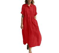 Vestido de lino para mujer, verano, lino, cuello en V, cuello vuelto, vestido de camisa, holgado, manga corta, fruncido, vestido de playa, maxi botones, vestido de verano fluido, vestido de túnica