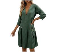 Vestido de lino y algodón de manga 3/4 para mujer, holgado, casual, liso, con cuello en V, plisado, con bolsillos, cómodo, para descansar, elegante, color liso, vestido de playa ligero, verde, L