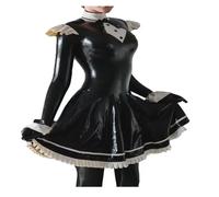 Vestido de Lolita francés, manga larga, piel de vinilo PVC fruncido, disfraces de carnaval, Negro, 7XL