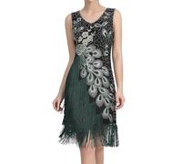 Vestido de los años 20 para mujer Gatsby de los años 20, vestido con flecos, color verde y negro, vestido corto de charlestón, cuello en V, flecos, carnaval, Negro , XXL