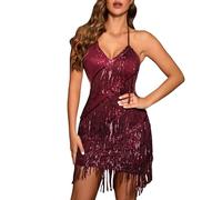 Vestido de los años 20 para mujer, vestido de lentejuelas con flecos, brillante, disfraz de carnaval, vestido de noche, vestido de baile latino, sin mangas, cuello en V, rojo, M