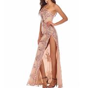 Vestido de Malla Transparente con Lentejuelas, Estampado Floral, Abertura Alta, Corte Ajustado, Un Solo Hombro, para Fiestas de Graduación y Cenas de Gala(Gold,M)