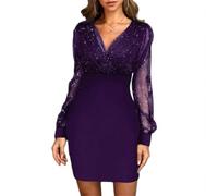 Vestido de manga abombada con cuello en V para mujer, cóctel, fiesta, noche | Mezcla de poliéster con lentejuelas, superposición de malla, material elástico, color rojo vino, morado, negro