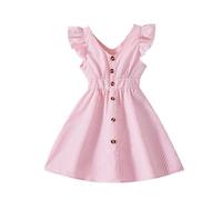 Vestido de manga con vuelo, a rayas, con botones, frente abierto, cuello en V, vestido midi para adolescentes y niños, plisado, elegante, faldas forradas en A, rosso, 13-14 años