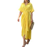 Vestido de manga corta con cuello en V para mujer, elegante vestido camisero con botones, vestido casual de manga corta con cinturón, vestido largo de verano con cinturón, amarillo, XL