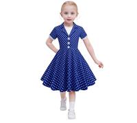 Vestido de manga corta con estampado de lunares de los años cincuenta, aspecto retro, vestido casual para niñas, silueta acampanada, ropa de fiesta para niños, atuendo vintage, 03#_azul marino, 3-4