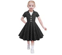 Vestido de manga corta con estampado de lunares de los años cincuenta, aspecto retro, vestido casual para niñas, silueta acampanada, ropa de fiesta para niños, atuendo vintage, 01#_negro, 3-4 años