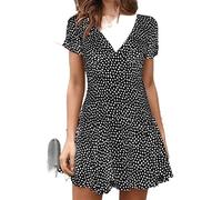 Vestido de Manga Corta con Flores de Verano para Mujer con Cuello en V Mini A-Line Office Lady Casual Slim Fit Vestido Corto Acampanado-Black Dots,M