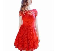 Vestido de manga corta de encaje de color sólido con cuello redondo para mujer, longitud regular, moda casual para primavera, verano, otoño, invierno, vacaciones, club, hogar, uso diario, color puro